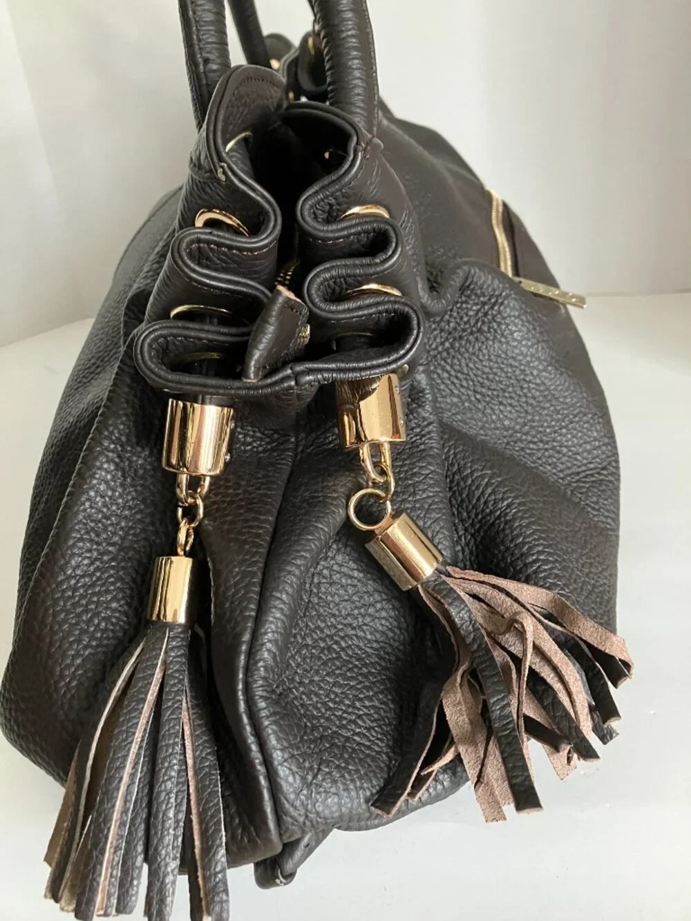 APC XL Brown Pebble Grain Leather Hobo Bag Zippers Pockets